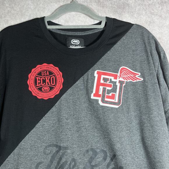 Ecko Unltd Shirt Mens XL Black Gray Red Colorblock Urban Graphic Streetwear 90s - Picture 2 of 9